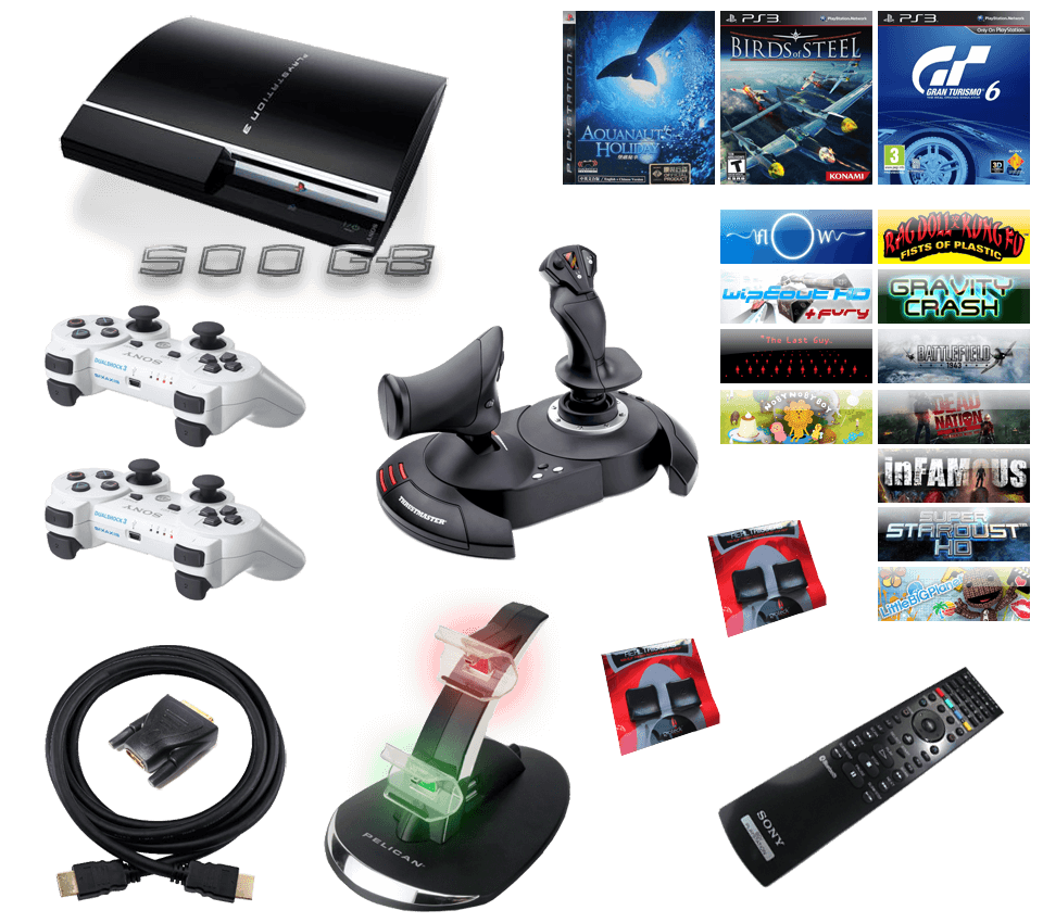 500Gb Playstation 3 & Aquanauts Holiday (import) & Birds Of Steel (import) & fl0w & Wipeout HD + Fury DLC & Gran Turismo 6 & Rag Doll Kung Fu & Gravity Crash & The Last Guy & Noby Noby Boy & Battlefield 1943 & Dead Nation & InFamous & Super Stardust HD & Little Big Planet & 2x white dualshock 3s & Thrustmaster Hotas X & pelican dual charging stand & hdmi lead & dvi-d convertor & 2x gioteck trigger sets & sony BDP remote