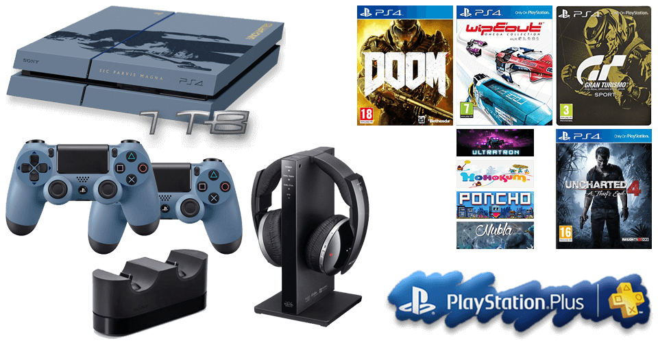 1Tb Playstation 4 & Doom UAC edition & Wipeout Omega Collection & Everybody's Golf & GranTurismo Sport & Wolfenstein II & Ultratron & Poncho & Hohokum & Nubla & 2x teal dualshock 4s & official Sony ds4 charger & 1yr PlayStation Plus sub