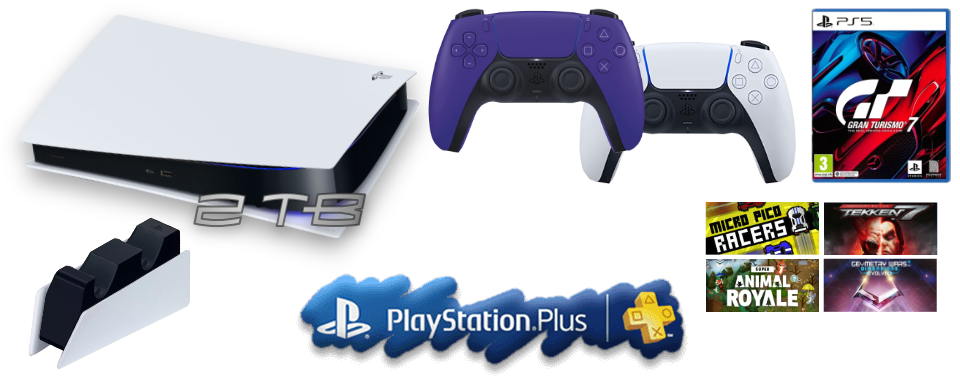 1Tb Playstation 5 with controller & GranTurismo 7 & Micro Pico Racers & Super Animal Royale & Tekken 7 Legendary & Geometry Wars 3 & Nubla & 1 galactic purple controller & official Sony dual charger & 1yr PlayStation Plus sub