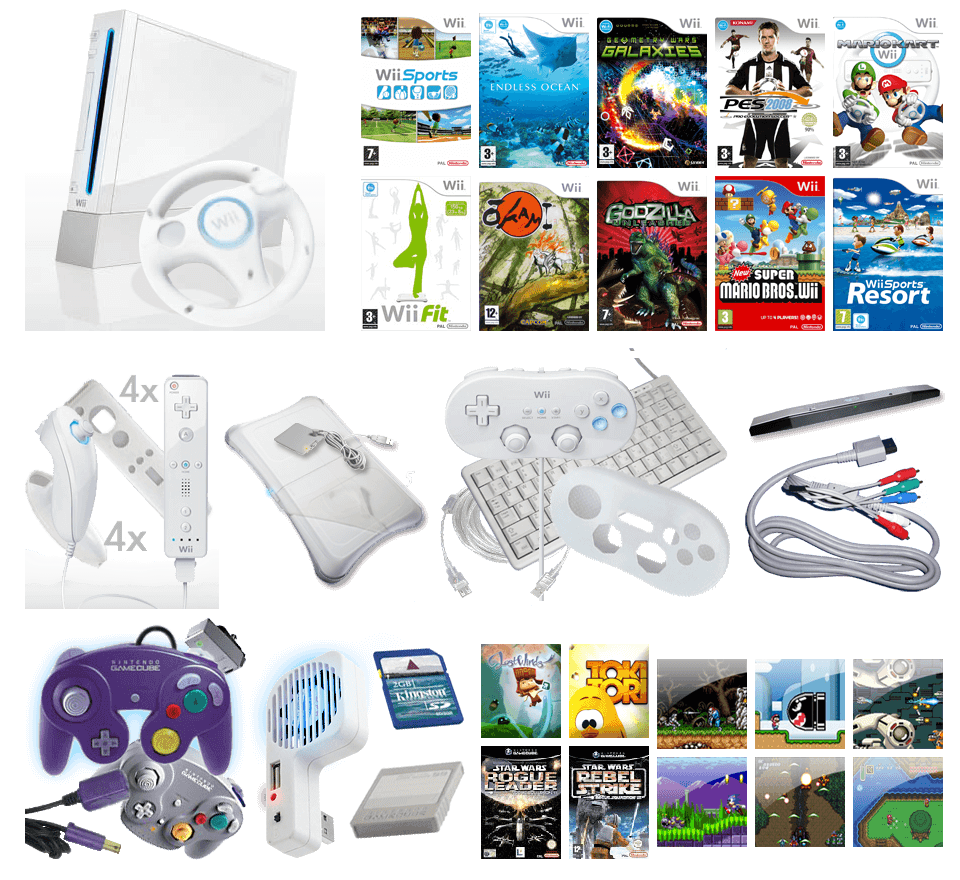 Wii console and wii wheel & wii sports & wii fit & endless ocean & okami (with exclusive boxart) & geometry wars galaxies & godzilla unleashed & pes 2008 wii & New Super Mario Bros Wii & Mario Kart Wii & Wii Sports Resort & 4x wiimotes and nunchuks & silicone sleeves for all of them & balance board with silicone cover & recharging battery pack & classic cntrllr & silcn case & cherry indstrl minikybrd & USB xtnsn & 4gamers portable senderbar & Nintendo component cable & USB cooling fan & Kingston 2Gb SDcard & GCN memory card & GCN controller & extension & wavebird & LstWnds TokiTori RogueLdr RebelStrk SldrBld SupGnG Sonic SMW RType